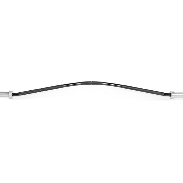 A black recurve bow, reminiscent of the Bells of Steel Curved Squat Bar, is horizontally positioned against a white background, its silver ends gleaming and designed to alleviate stress from joint strain.