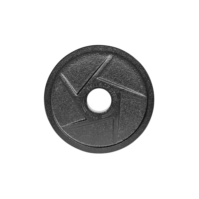 The image shows a single, round Black Mighty Grip Olympic Weight Plate viewed from above against a white background. Manufactured by Bells of Steel, the black plate has a textured surface, central hole, engraved text, geometric designs, and an ergonomic design for optimal use.