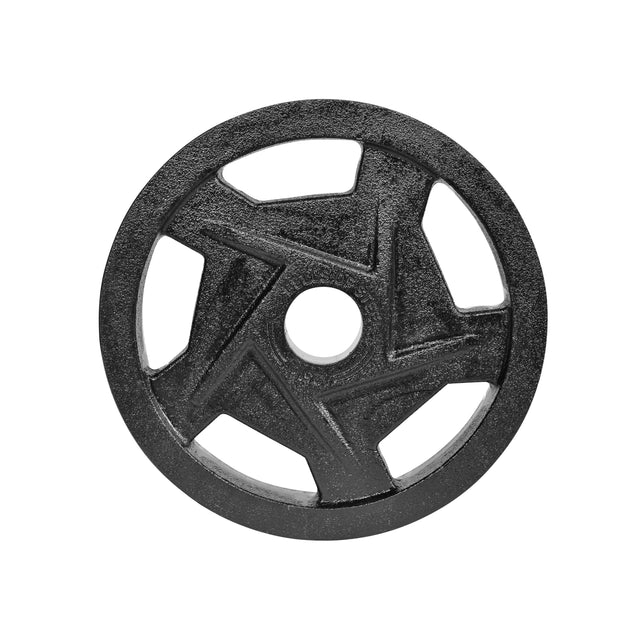 A Black Mighty Grip Olympic Weight Plate by Bells of Steel, featuring a round design with five cut-out geometric patterns and a central hole for precision grip handles, is set against a white background.