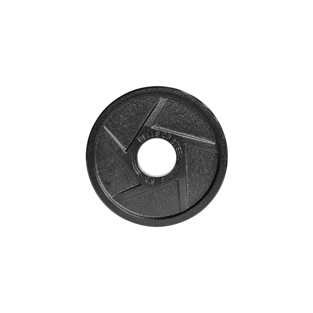 A black, circular weight plate from Bells of Steel's Black Mighty Grip Olympic Weight Plates collection features the number "5" and "HES" inscribed on it. Isolated against a white background, the plate includes a central hole for a barbell and showcases an ergonomic design for optimal handling.