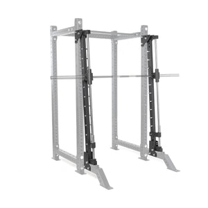 A gym power rack complete with a barbell, featuring adjustable safety bars and vertical supports, boasts a robust metallic construction tailored for weightlifting exercises. It can be enhanced with the versatile Smith Machine Rack Attachment from Bells of Steel Canada.