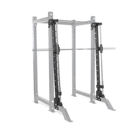 The Bells of Steel Smith Machine Rack Attachment is a silver power rack with adjustable safety bars, multiple height settings, and a built-in single barbell, perfect for weightlifting and strength training.