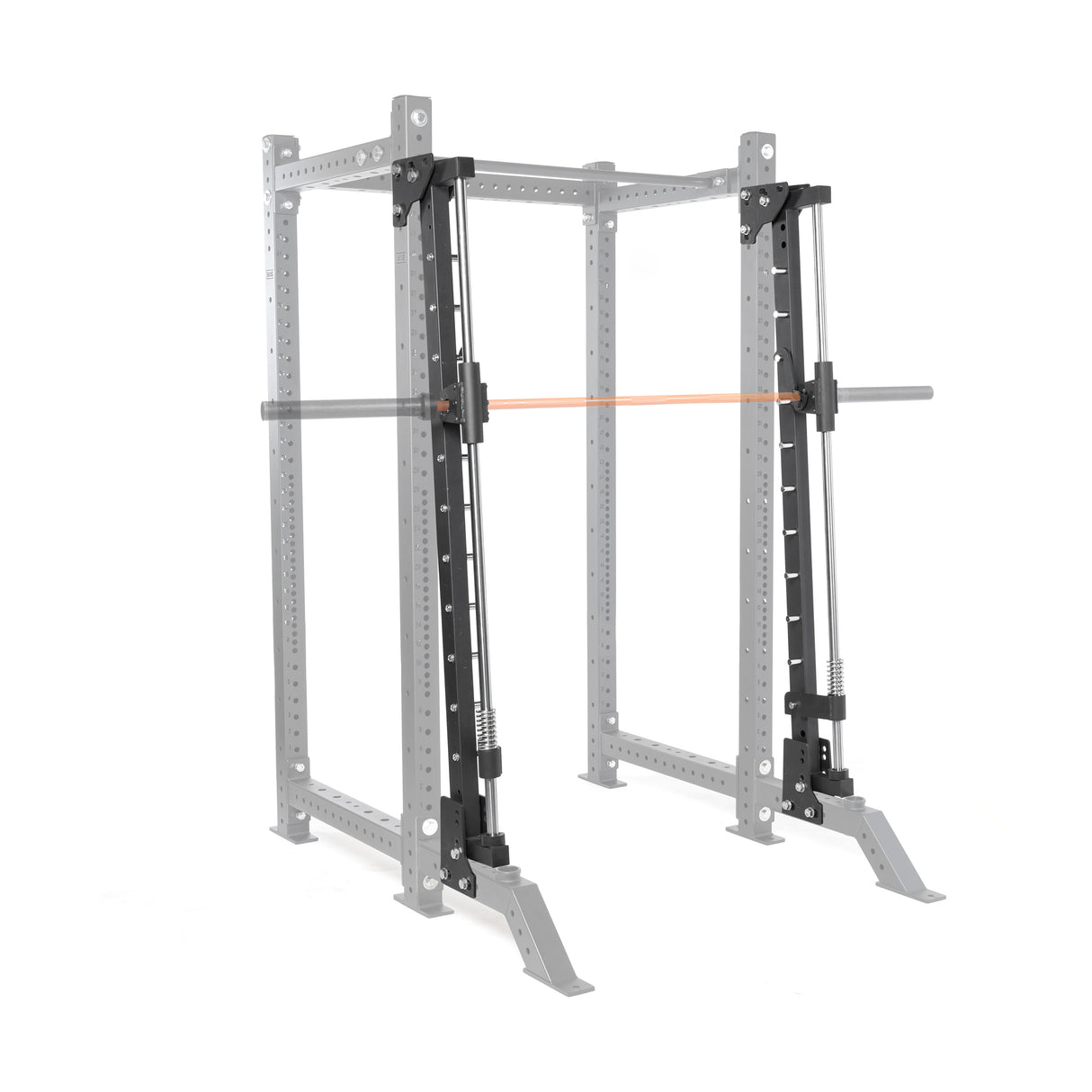 Introducing the Smith Machine Rack Attachment by Bells of Steel Canada, a power rack designed with a mounted adjustable barbell and integrated safety features for maximum stability. Constructed from a durable steel frame, this rack includes multiple holes to enable accurate barbell positioning during free weight exercises.