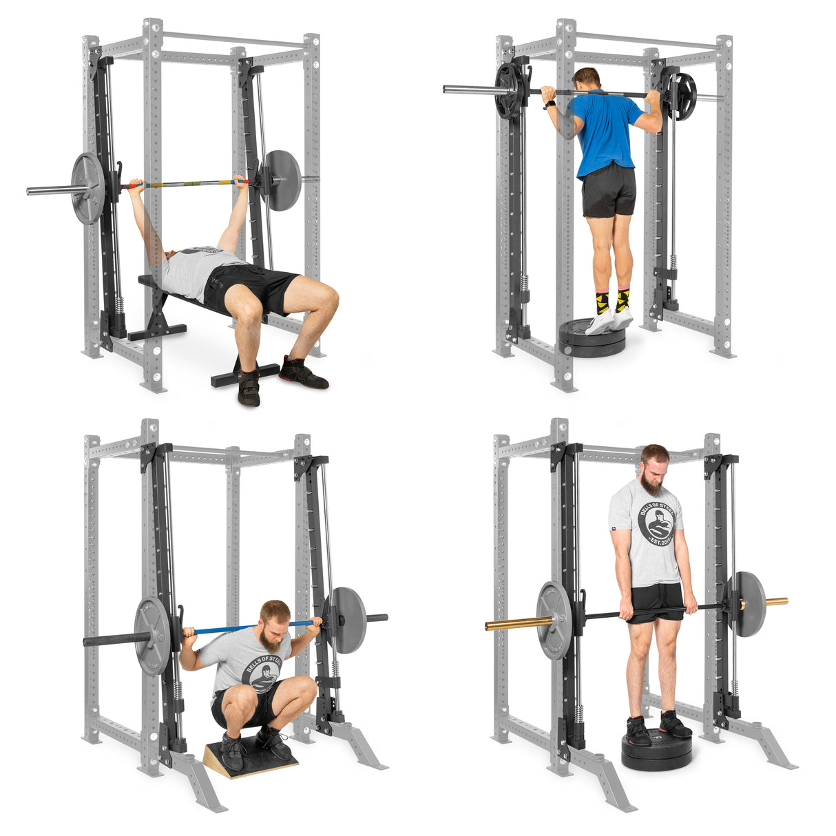 In a series of images, a man demonstrates four exercises using a power rack—bench press, pull-up, squat, and deadlift. He wears different outfits for each exercise and uses a barbell along with the Smith Machine Rack Attachments by Bells of Steel Canada for enhanced versatility.