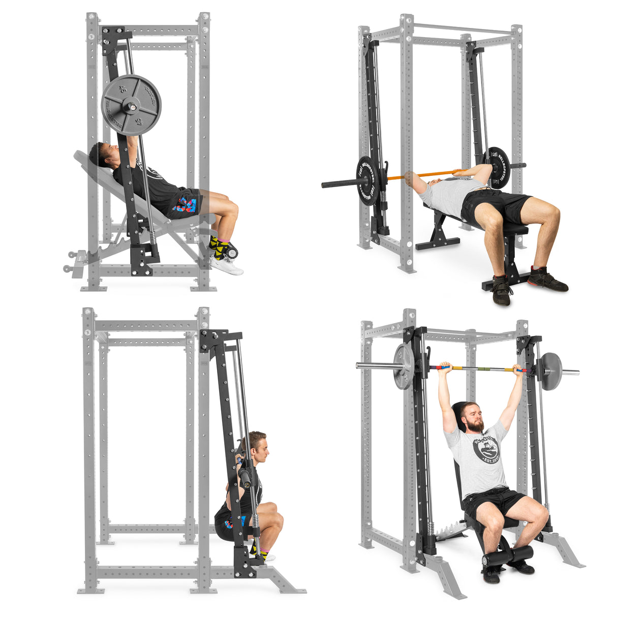 Four images showcase men exercising with gym equipment: top left using an incline bench press, top right performing a flat bench press, bottom left doing squats in a power rack, and bottom right executing a seated overhead press—all utilizing Smith Machine Rack Attachments by Bells of Steel Canada with weight racks and barbells.