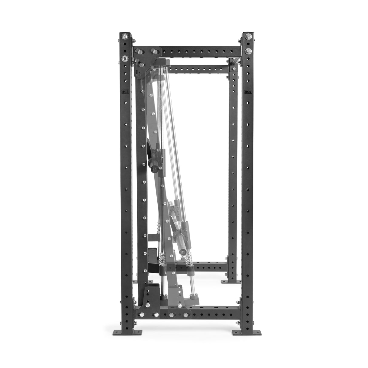 Introducing the Smith Machine Rack Attachment by Bells of Steel Canada: This black, adjustable pulley system is designed to enhance your weightlifting experience. It can be easily fitted to a power rack or used as a Smith Machine Rack Attachment and includes multiple customization holes, pulleys, and cables for a range of exercises.