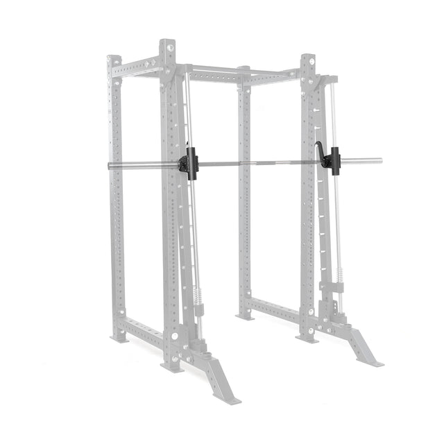 The Bells of Steel Smith Machine Rack Attachment is mounted on a 3x3 rack shown in faded gray, while the attachment, barbell, and clamp collars appear solid black to highlight this versatile power rack accessory.