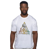 A man faces forward wearing a white Bamboo T-Shirt by Bells of Steel, featuring a colorful Hydra Series dragon logo. The background is plain white.