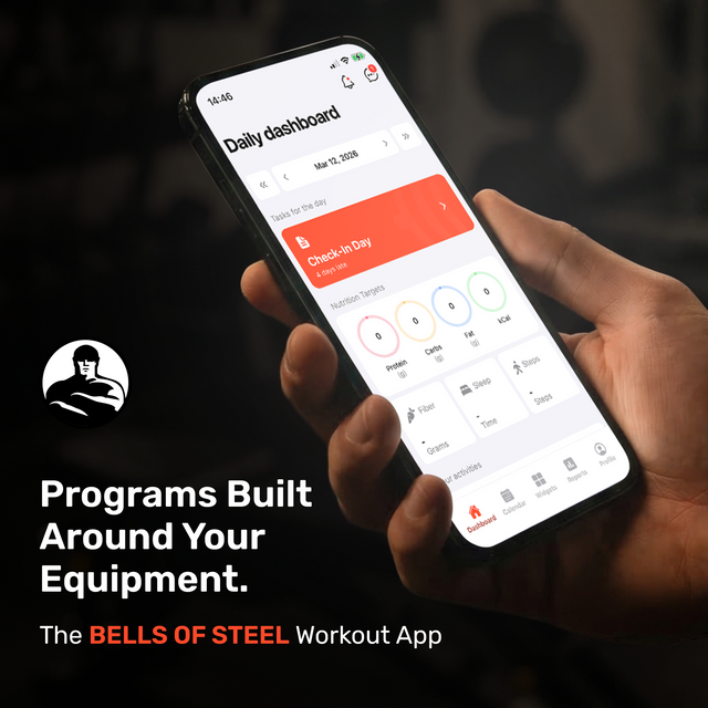 A hand holds a smartphone displaying the Daily dashboard of the Bells of Steel Online Coaching app. Text reads: "Programs Tailored to Your Equipment. Get personalized fitness with Bells of Steel Online Coaching.