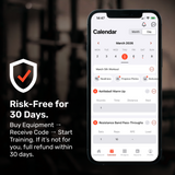 A smartphone shows a March 2026 workout calendar app. Left text: "Risk-Free for 30 Days. Try Bells of Steel Online Coaching—get a full refund within 30 days if it’s not right for you." A shield with a checkmark appears above.