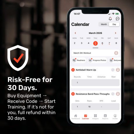 A smartphone shows the Bells of Steel Training App with a March 2026 workout calendar. Text: “Risk-Free for 30 Days. Buy Equipment → Get Code → Start Training. Full refund if not for you.” A shield icon appears beside the offer.