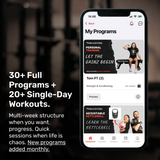 A smartphone shows the Bells of Steel Online Coaching app, offering 30+ programs, single-day workouts, monthly updates, kettlebell and personal training options, plus remote coaching for a personalized fitness experience.