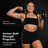 A woman in athletic wear flexes her bicep and shows a phone with her personalized program. Text: "Aleesha, Personal Trainer. Bells of Steel Online Coaching—Human-Built Strength Programs, not AI-generated.