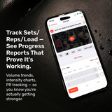 A smartphone on a leather surface shows the Bells of Steel Online Coaching app, highlighting features like personal training, set and rep tracking, load monitoring, progress reports, PR tracking, and intensity charts.