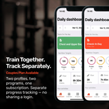 Two smartphones show Bells of Steel’s Online Coaching app with two profiles and separate tracking—perfect for couples, remote coaching, or personalized fitness. Text highlights individual workout tracking on the Couples Plan.