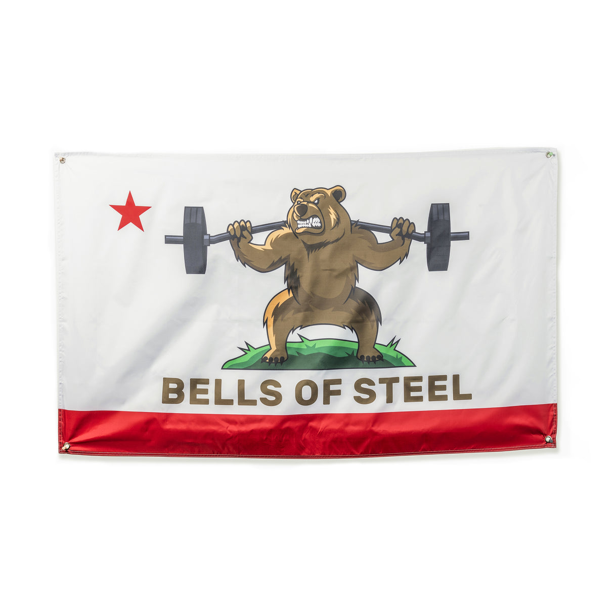 A home gym flag from Bells of Steel featuring a cartoon bear lifting a barbell on grass. Above the bear is a single red star, and "BELLS OF STEEL" is printed below. The design includes a white background with a red stripe at the bottom, making it an ideal addition to your gym decor.