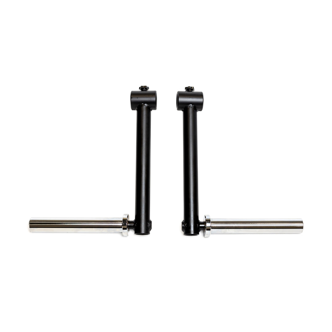 A pair of black metal bike handlebar extensions featuring silver adjustable rods on a white background resemble the Camber Bar Attachment by Bells of Steel. These vertically aligned, parallel extensions are crafted to assist in engaging stabilizer muscles during intense cycling workouts.