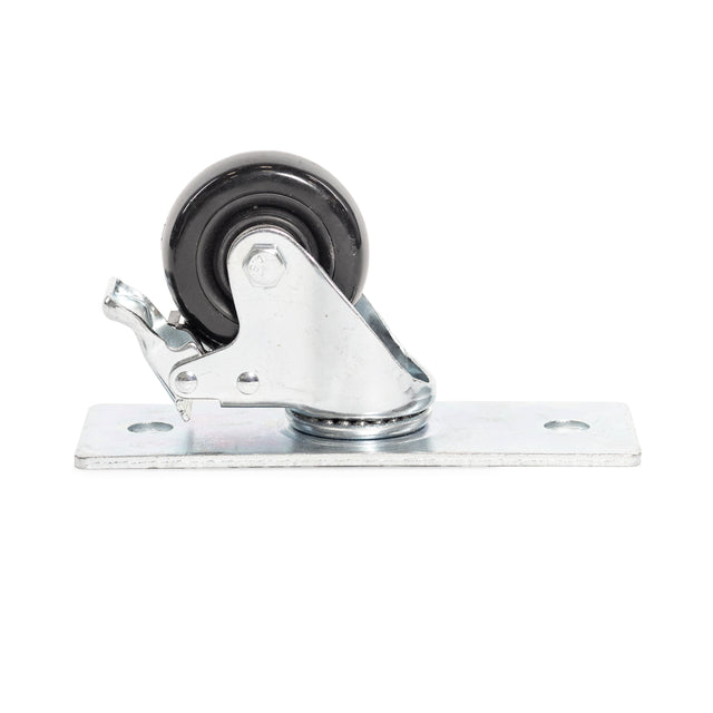 The Bells of Steel Casters for Hydra Upright, featuring a metal swivel wheel with a black rubber exterior, mounting plate, and brake mechanism, is shown on a white background—perfect for Hydra storage units.