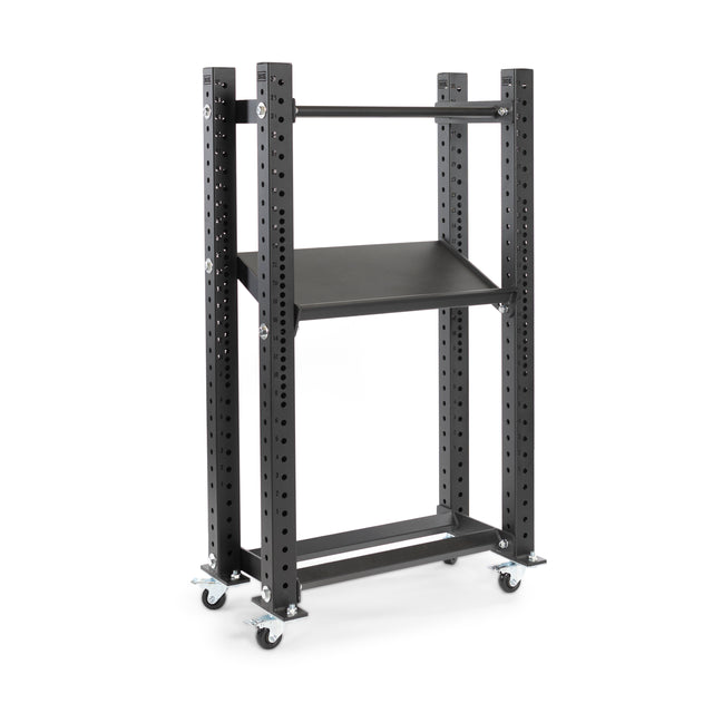 The Bells of Steel Hydra storage unit is a sleek black metal shelving solution with two shelves, four vertical supports, adjustable holes, and comes with convenient Casters for Hydra Upright (Set of 4) for easy mobility.