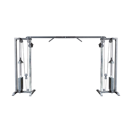 The Bells of Steel Cable Crossover Machine features dual adjustable pulleys and handles, dual weight stacks, a pull-up bar, and a sturdy steel frame—ideal for diverse cable exercises and strength training.