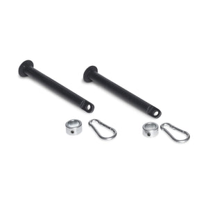 The Bells of Steel Band Pegs with Carabiners feature two black metal rods with holes on one end, specifically designed for resistance bands, and come with two silver split rings and two carabiner-style clips, all showcased on a white background.