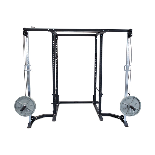 Multi-use gym setup with cable crossovers and a power rack