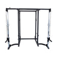 The Bells of Steel Cable Crossover (2.3" x 2.3" Racks) is a black and silver power rack with adjustable cable pulleys and handles, ideal for weightlifting and strength training, shown against a white background.