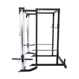 The Bells of Steel Cable Crossover (2.3" x 2.3" Racks) is a black and silver power rack with a rack pulley system and cable crossover attachment, designed for weightlifting and strength training, shown on a white background.