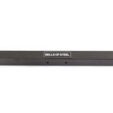 A close-up of a black metal bar from the Bells of Steel Cable Crossover (2.3" x 2.3" Racks), featuring a white "BELLS OF STEEL" label centered on the bar, with two small holes beneath the label.