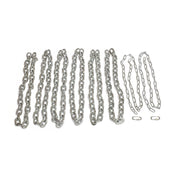 A selection of Bells of Steel Weightlifting Chains, silver and resistant to rust, are displayed in various lengths on a white backdrop. Alongside them lie two small, detachable chain links set apart from the main chains.