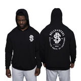 Male model wearing Champions hoodie front and back print