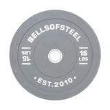 The Bells of Steel Coloured Bumper Plates feature gray plates with white "Bells of Steel" on top and "15 LBS" on the sides. Made for durability, they include a stainless steel insert ring, display "Est. 2010," promise accuracy, and have a central hole for easy mounting.