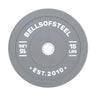 The Bells of Steel Coloured Bumper Plates feature gray plates with white "Bells of Steel" on top and "15 LBS" on the sides. Made for durability, they include a stainless steel insert ring, display "Est. 2010," promise accuracy, and have a central hole for easy mounting.