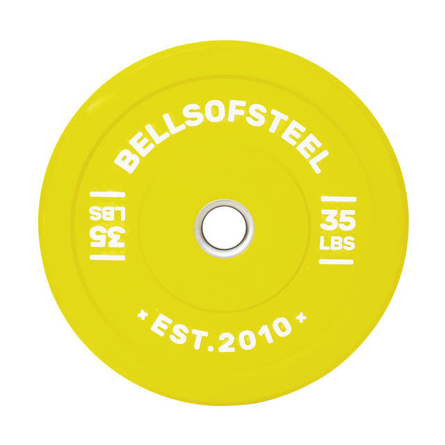 Yellow Bells of Steel Coloured Bumper Plate with stainless steel insert, featuring "35 lbs" in white text and "EST. 2010" at the bottom for reliable workout weights.