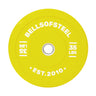 Yellow Bells of Steel Coloured Bumper Plate with stainless steel insert, featuring "35 lbs" in white text and "EST. 2010" at the bottom for reliable workout weights.