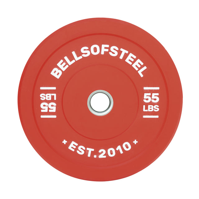 This vibrant red "Bells of Steel" Coloured Bumper Plate features "55 LBS" on both sides and includes a stainless steel insert ring, offering accurate weight for your workout needs. Established in 2010.