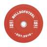 This vibrant red "Bells of Steel" Coloured Bumper Plate features "55 LBS" on both sides and includes a stainless steel insert ring, offering accurate weight for your workout needs. Established in 2010.