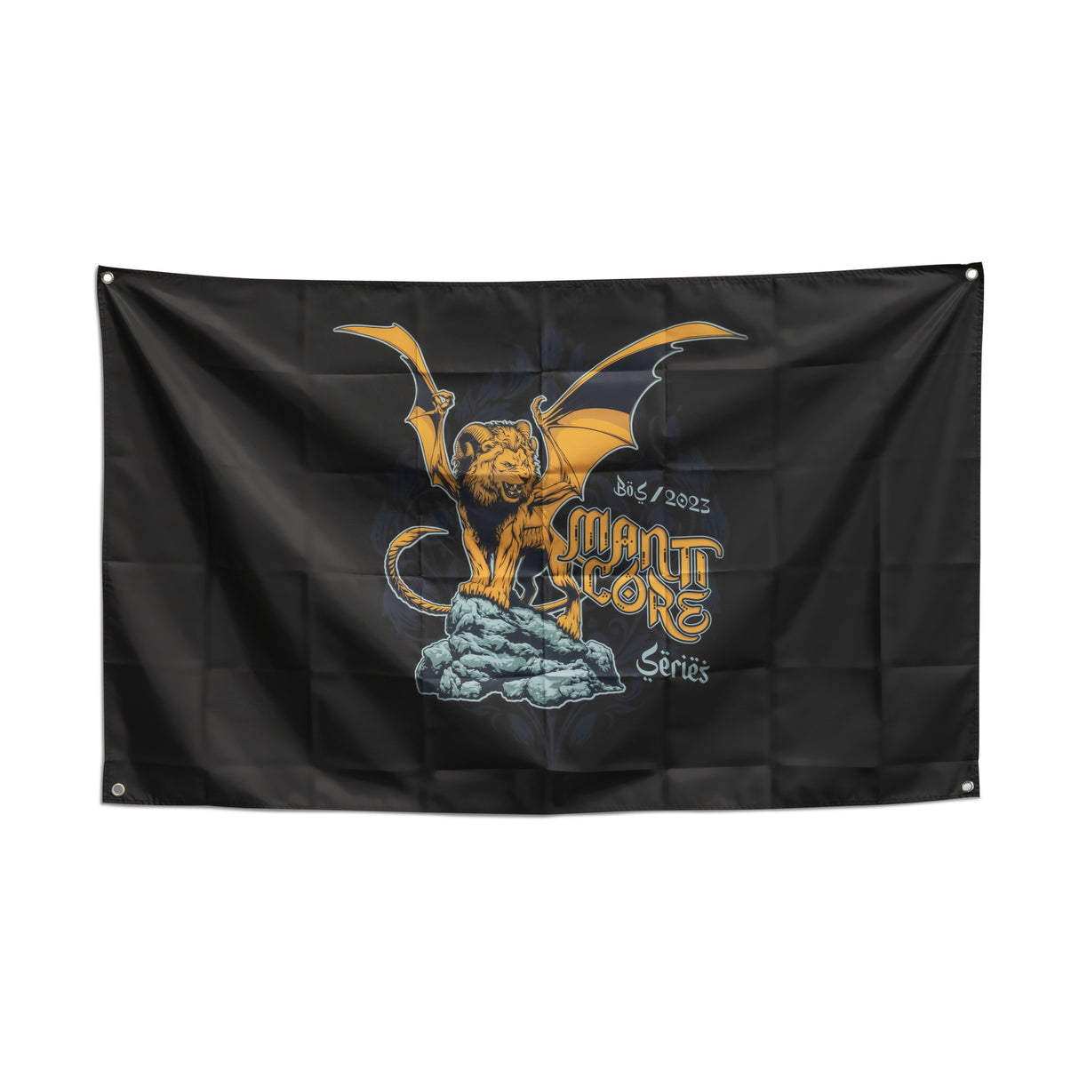 A striking black flag from Bells of Steel, depicting a manticore—a mythical creature with a lion's body, wings, and a spiked tail—standing on a rock. This "Manticore Series" flag is perfect as gym decor and makes for a bold addition to any space. Date marked: 8/13/2023.