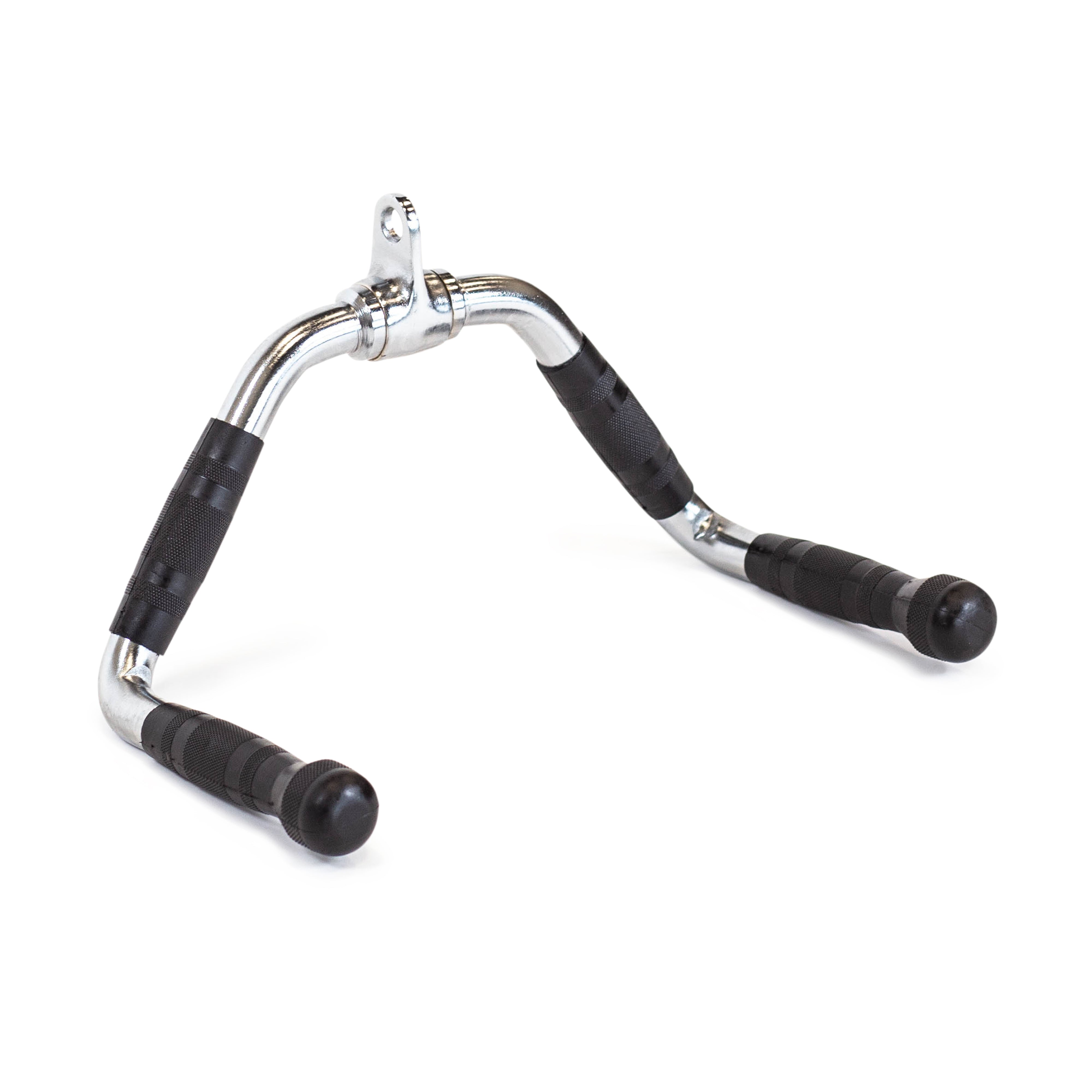 The "Multi Purpose Close Grip Cable Attachment" by Bells of Steel is a chrome-plated V-shaped tool ideal for cable training. It features black rubberized grips with textured handles for a secure hold and includes an attachment point at the top for connecting to gym equipment.