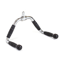 The Bells of Steel Multi Purpose Close Grip Cable Attachment features a chrome-plated V-shape, two rubber grips, and a central eyelet for connecting to gym equipment—ideal for strength exercises like rows or pulldowns.