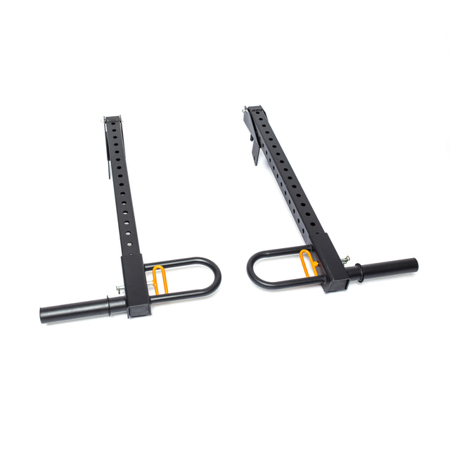 The Bells of Steel Lever Arms Rack Attachment is a pair of black adjustable dip bar attachments with multiple height adjustment holes and orange locking mechanisms, compatible with Hydra Lever Arms to enhance any workout setup.