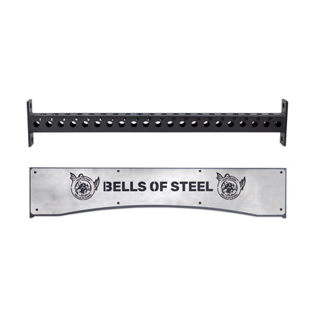 This pull-up bar, crafted to fit a Hydra rack, prominently showcases the metal "Bells of Steel" Logo Plate Crossmember with a bear emblem. It features several circular cutouts along its length for flexible grip options and positioning.