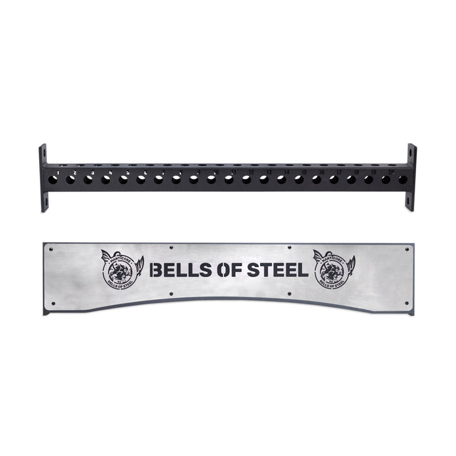 This pull-up bar, crafted to fit a Hydra rack, prominently showcases the metal "Bells of Steel" Logo Plate Crossmember with a bear emblem. It features several circular cutouts along its length for flexible grip options and positioning.