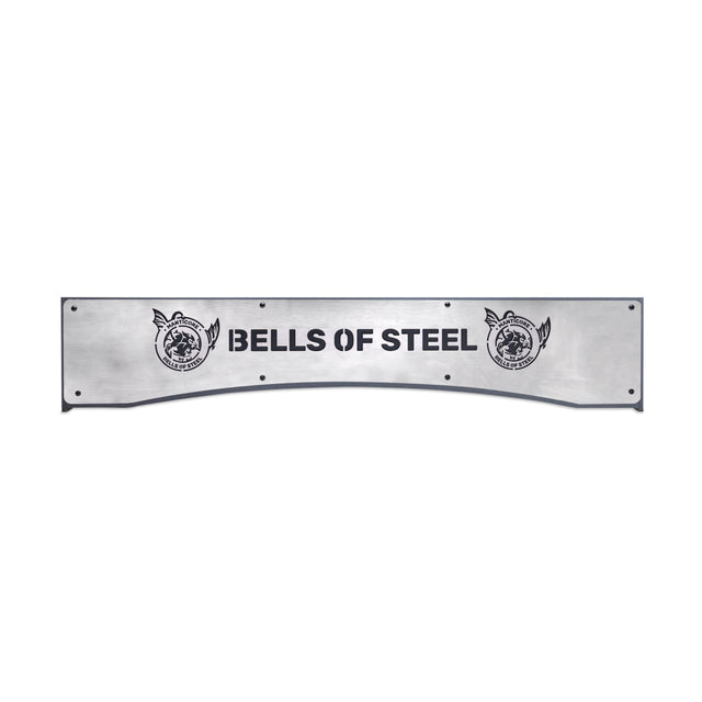 The Logo Plate Crossmembers by Bells of Steel features a metal sign with a curved design displaying "BELLS OF STEEL" in bold letters, accompanied by two winged kettlebell logos. This iconic piece is perfect for the Manticore rack or Hydra rack.