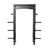 The Hydra Collegiate Power Rack Builder by Bells of Steel, featuring modular components and multiple attachment points, is ideal for weightlifting and strength training. This black metal rack complements the Hydra Lat Pulldown and stands out beautifully against a crisp white background.