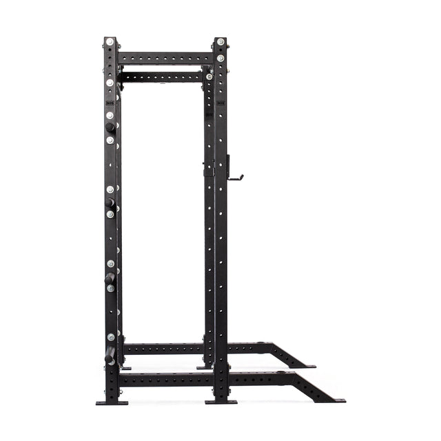 The Bells of Steel Hydra Collegiate Power Rack Builder (3" x 3", ⅝" Holes) is a black metal power rack with modular components and multiple holes for attachments, making it perfect for weightlifting and strength training. Its freestanding design features a sleek look on a white background, ideal for incorporating the Hydra Lat Pulldown into your routine.