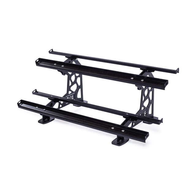 The Bells of Steel Commercial Interchangeable Weight Rack is a sleek, black, multi-tiered metal rack with swappable storage shelves and multiple horizontal bars, featuring a sturdy open-frame design perfect for organizing competition kettlebells.