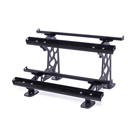 The Bells of Steel Commercial Interchangeable Weight Rack is a black metal modular rack with three horizontal bars and geometric side brackets, perfect for displaying competition kettlebells or serving as versatile, swappable storage.