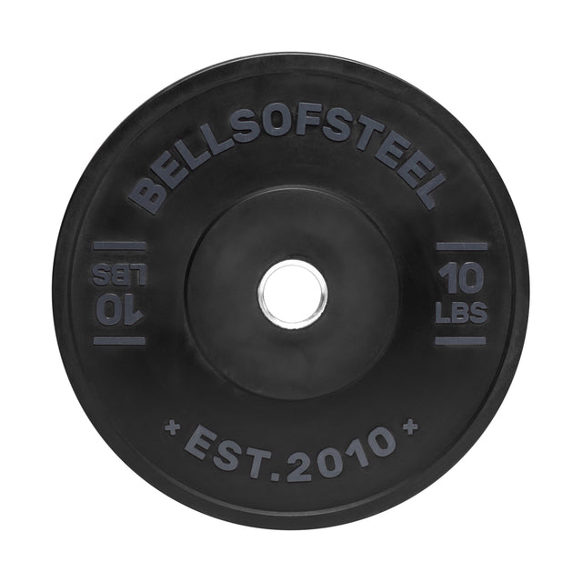 Black 10-pound Dead Bounce Conflict Bumper Plate by Bells of Steel, featuring "Est. 2010" embossing and a durable stainless steel insert.