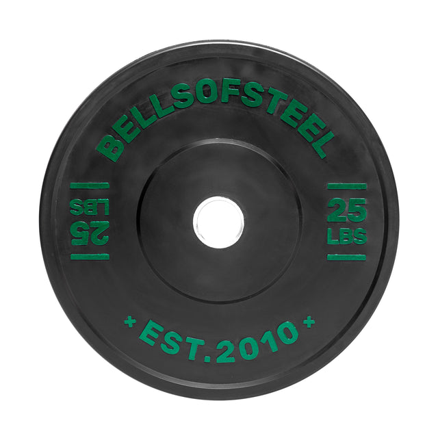 The Dead Bounce Conflict Bumper Plates by Bells of Steel feature a black design with "25 LBS," and "EST. 2010" in green text, include a durable stainless steel insert, and are perfect for barbell use as part of any bumper plate set.